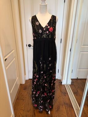 INC International Concepts Black Maxi Dress with Pink & Green Floral Embroidery